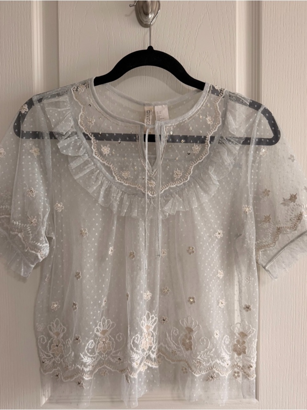 H&M Sheer White Embroidered Ruffle Blouse